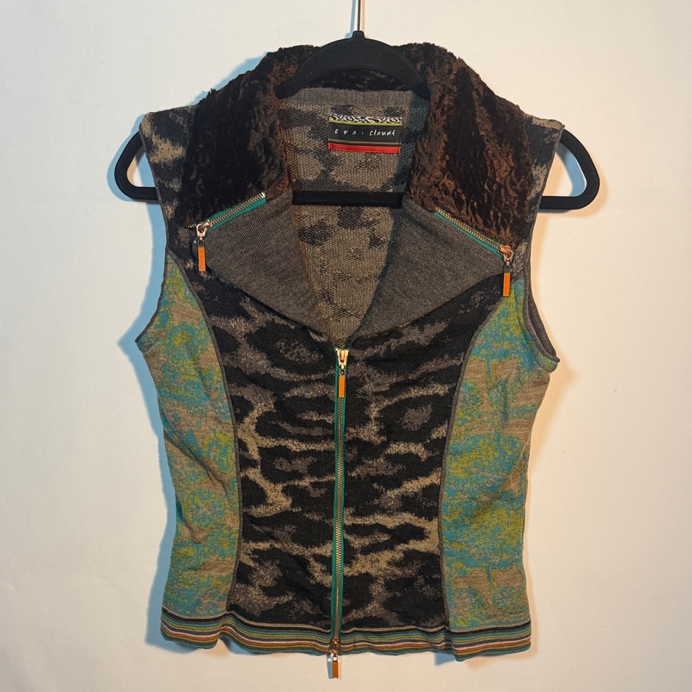 Eva & Claudi Vintage Green/Grey Mottled Leopard Animal Wool Zip Up Vest Size S